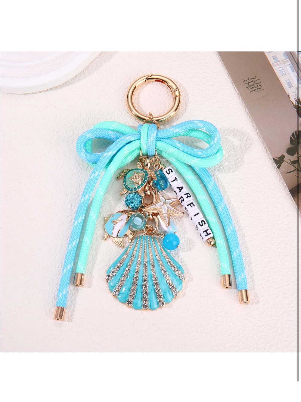 Aqua Tied Seashell Charm Keychain
